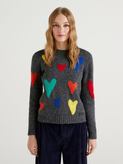 Women's Benetton Jccxucb Hearts Crew Neck Sweaters Dark Grey | NZ887123