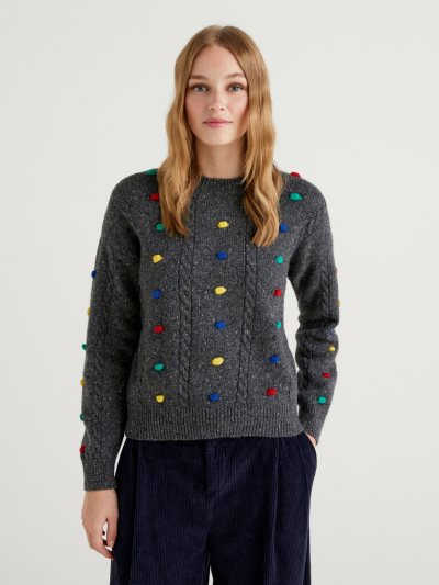 Women's Benetton Jccxucb Pom Pom Crew Neck Sweaters Dark Grey | NZ386317