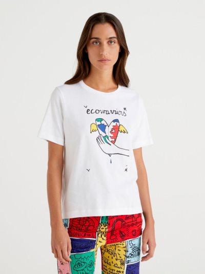 Women's Benetton Jccxucb Print Short Sleeve T-shirts White | NZ017480