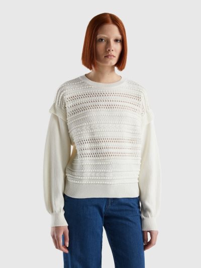 Women's Benetton Knit Flaps Crew Neck Sweaters Creamy White | NZ164633