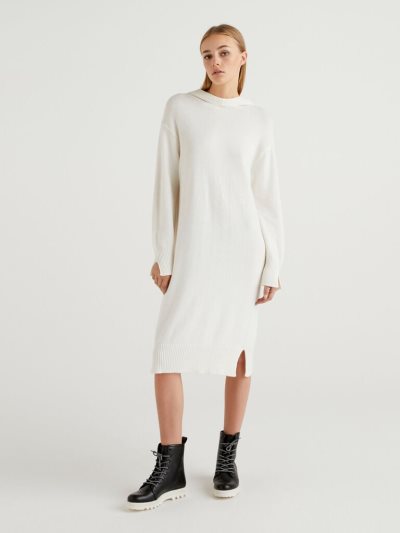 Women's Benetton Knit Hood Dress Creamy White | NZ621329