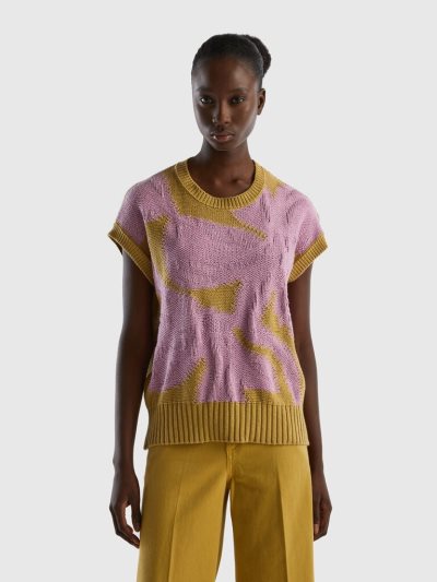 Women's Benetton Knit Inlay Vest Mustard | NZ385677