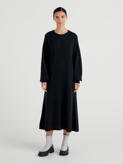 Women's Benetton Knit Wool Blend Midi Dress Black | NZ026035
