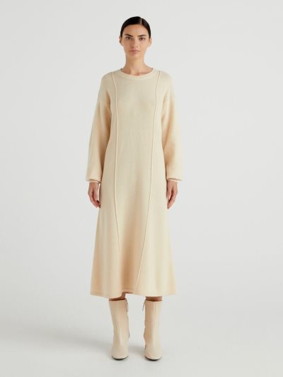 Women's Benetton Knit Wool Blend Midi Dress Creamy White | NZ256621