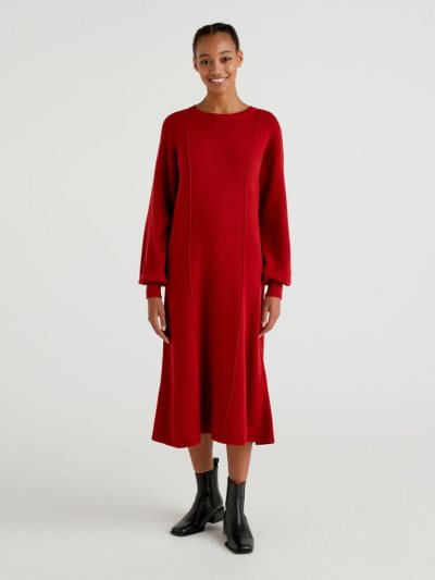 Women's Benetton Knit Wool Blend Midi Dress Burgundy | NZ677511