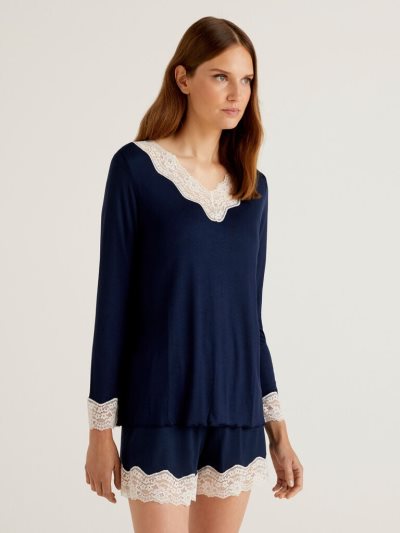 Women's Benetton Lace Detail Pyjamas Dark Blue | NZ343342