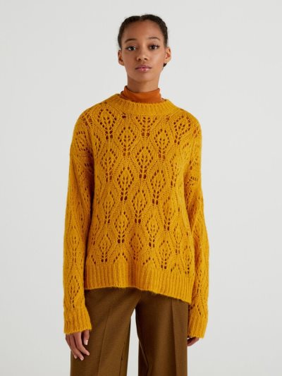 Women's Benetton Lace Look Crew Neck Sweaters Yellow | NZ426246