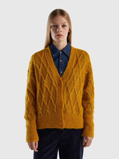 Women's Benetton Lace Look V-neck Cardigan Yellow | NZ089283