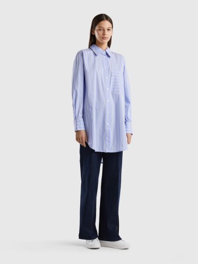 Women's Benetton Long Comfort Fit Striped Shirts Light Blue | NZ056710