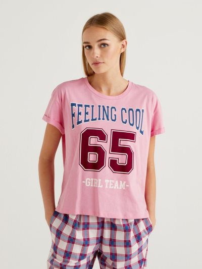 Women's Benetton Long Fiber Cotton Print T Shirts Pink | NZ147416