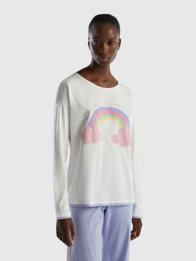 Women's Benetton Long Fiber Cotton Print T Shirts Creamy White | NZ185853