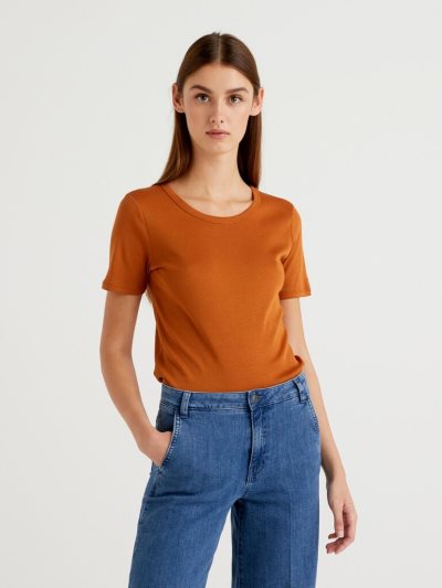 Women's Benetton Long Fiber Cotton Short Sleeve T-shirts Burnt | NZ059090