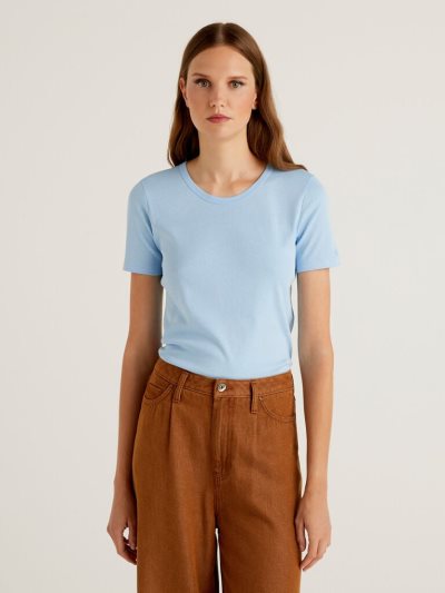 Women's Benetton Long Fiber Cotton Short Sleeve T-shirts Light Blue | NZ071632