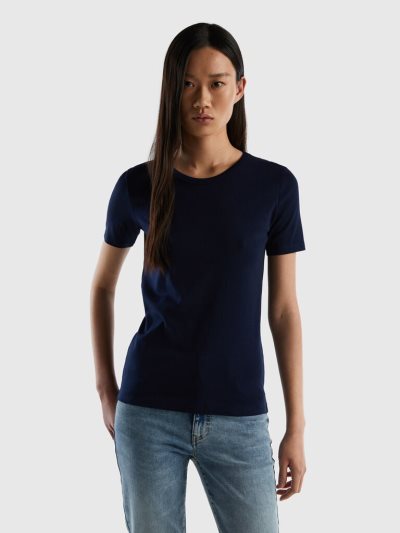 Women's Benetton Long Fiber Cotton Short Sleeve T-shirts Dark Blue | NZ171138