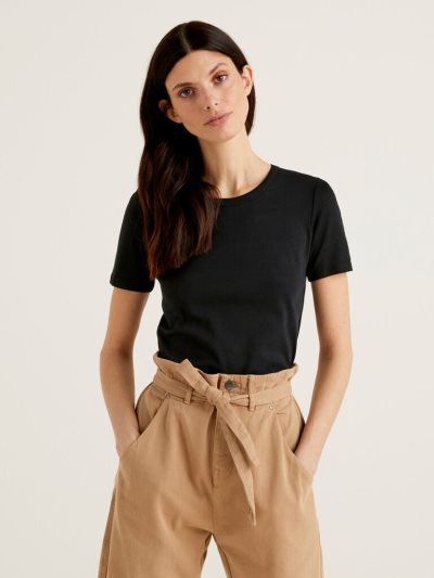 Women's Benetton Long Fiber Cotton Short Sleeve T-shirts Black | NZ328636