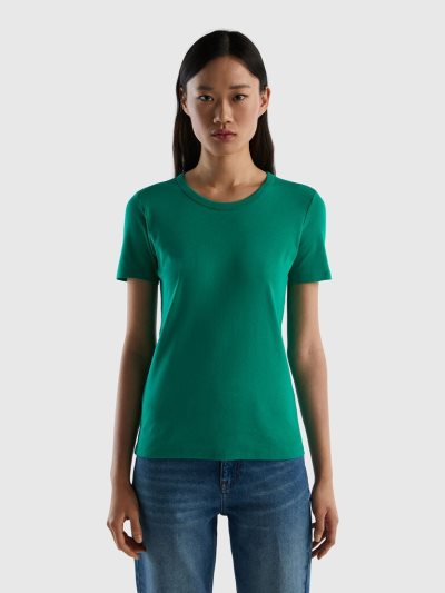 Women's Benetton Long Fiber Cotton Short Sleeve T-shirts Green | NZ397401