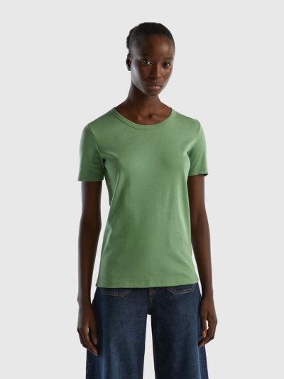 Women's Benetton Long Fiber Cotton Short Sleeve T-shirts Green | NZ425787