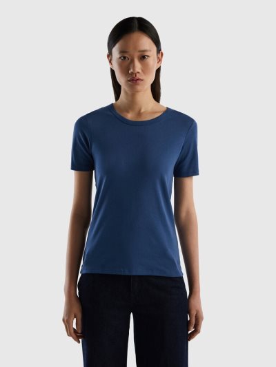 Women's Benetton Long Fiber Cotton Short Sleeve T-shirts Blue | NZ433980