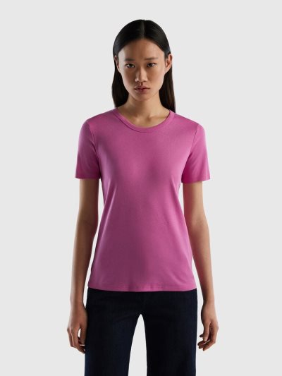 Women's Benetton Long Fiber Cotton Short Sleeve T-shirts Pink | NZ706572