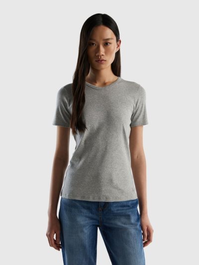 Women's Benetton Long Fiber Cotton Short Sleeve T-shirts Light Grey | NZ750975