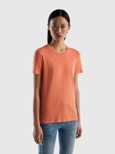 Women's Benetton Long Fiber Cotton Short Sleeve T-shirts Orange | NZ788617