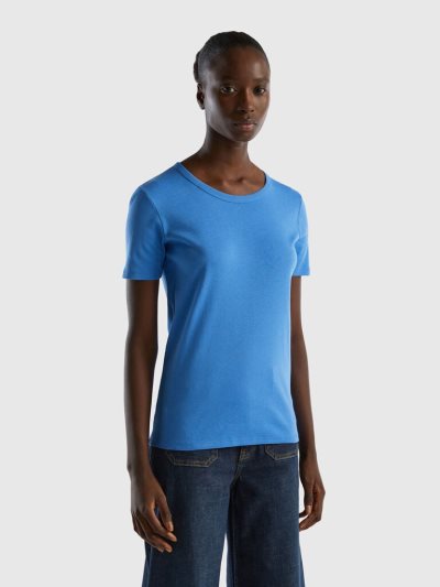 Women's Benetton Long Fiber Cotton Short Sleeve T-shirts Light Blue | NZ801144
