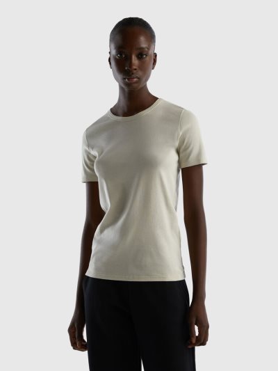 Women's Benetton Long Fiber Cotton Short Sleeve T-shirts Beige | NZ823841