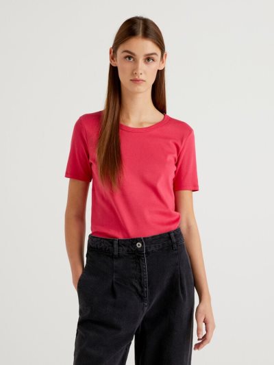 Women's Benetton Long Fiber Cotton Short Sleeve T-shirts Cyclamen | NZ860943