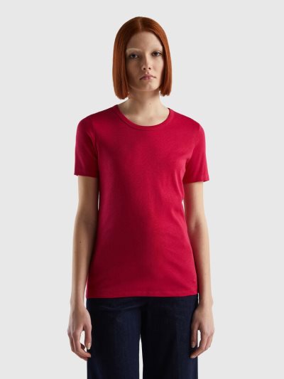 Women's Benetton Long Fiber Cotton Short Sleeve T-shirts Fuchsia | NZ988281