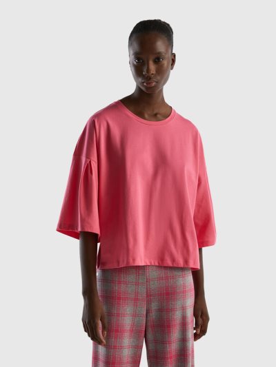 Women's Benetton Long Fiber Cotton T Shirts Fuchsia | NZ092292