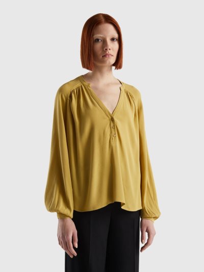 Women's Benetton Long Sleeve 100% Viscose Blouse Mustard | NZ364815