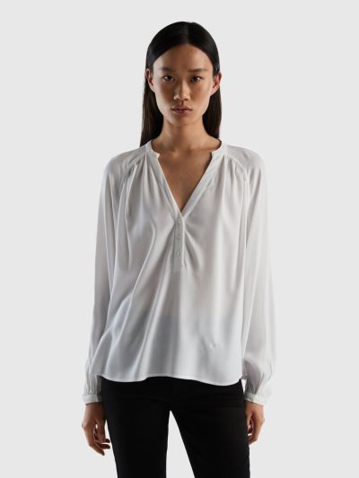 Women's Benetton Long Sleeve 100% Viscose Blouse White | NZ427100