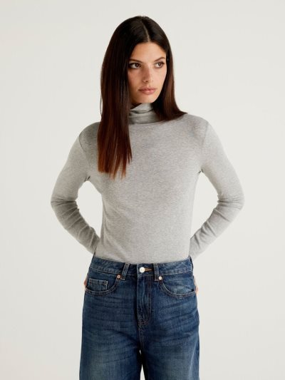 Women's Benetton Long Sleeve High Neck T Shirts Grey | NZ074262