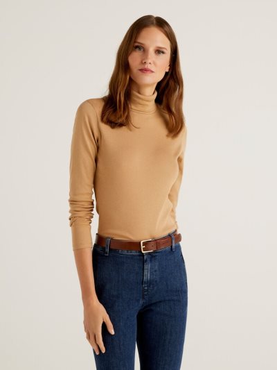 Women's Benetton Long Sleeve High Neck T Shirts Beige | NZ269814