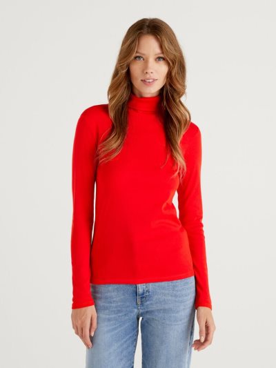 Women's Benetton Long Sleeve High Neck T Shirts Red | NZ302736