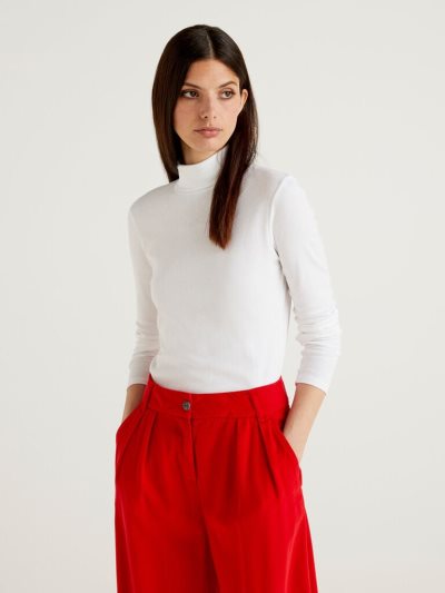 Women's Benetton Long Sleeve High Neck T Shirts White | NZ642331