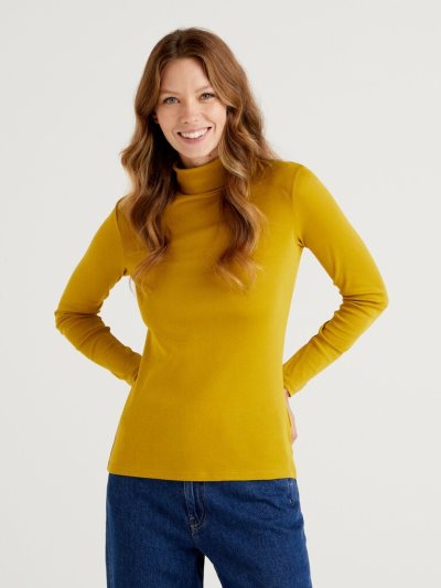 Women's Benetton Long Sleeve High Neck T Shirts Yellow | NZ761458