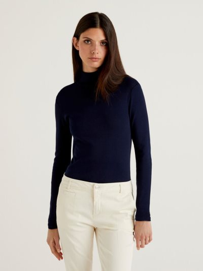Women's Benetton Long Sleeve High Neck T Shirts Dark Blue | NZ863898