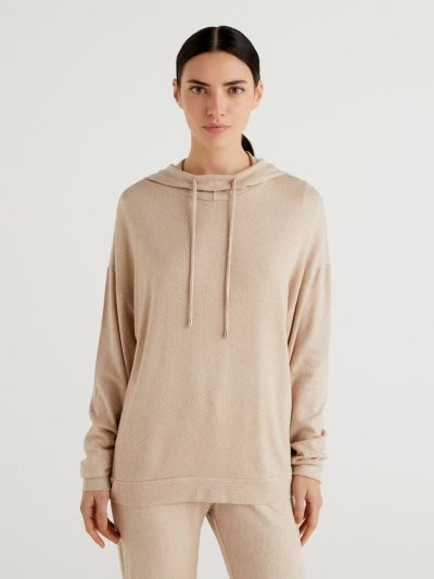 Women's Benetton Long Sleeve Hood T Shirts Beige | NZ686046