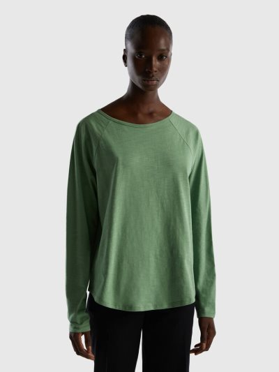 Women's Benetton Long Sleeve Pure Cotton T Shirts Green | NZ406498