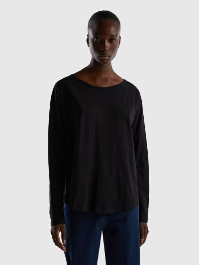 Women's Benetton Long Sleeve Pure Cotton T Shirts Black | NZ449796
