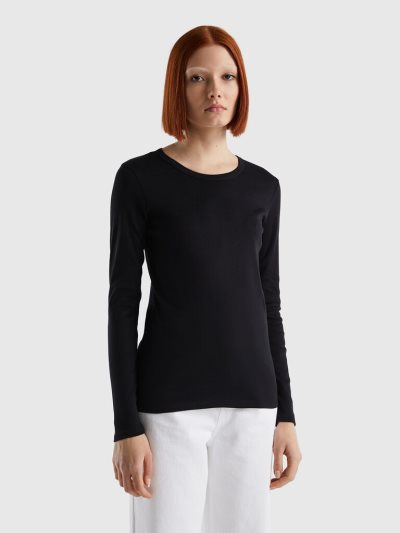 Women's Benetton Long Sleeve Pure Cotton T Shirts Black | NZ542132