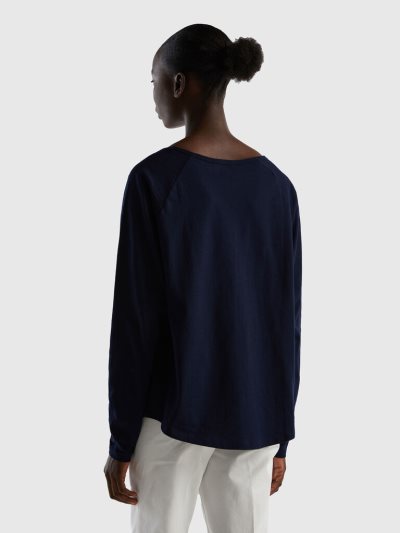 Women's Benetton Long Sleeve Pure Cotton T Shirts Dark Blue | NZ632682