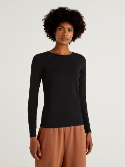 Women's Benetton Long Sleeve Super Stretch T Shirts Black | NZ049103