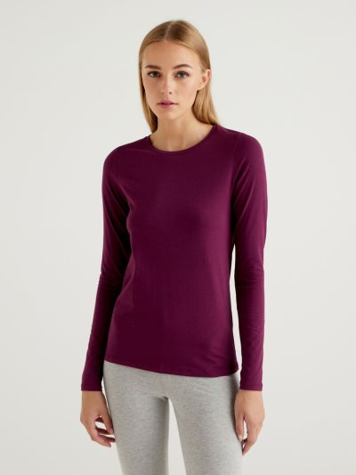 Women's Benetton Long Sleeve Super Stretch T Shirts Plum | NZ314096