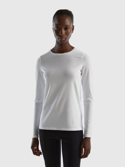 Women's Benetton Long Sleeve Super Stretch T Shirts White | NZ938736
