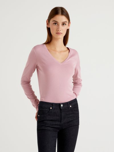Women's Benetton Long Sleeve V-neck T Shirts Pastel Pink | NZ098586