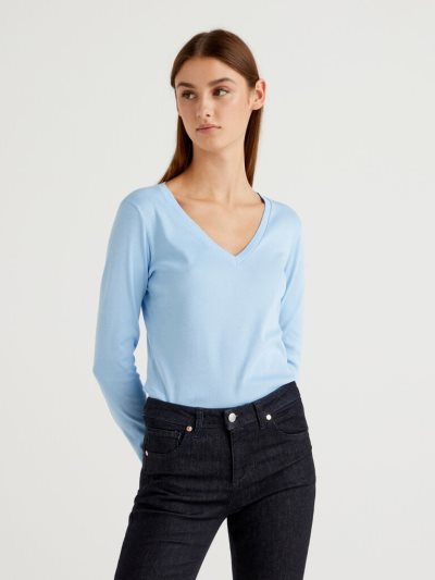 Women's Benetton Long Sleeve V-neck T Shirts Light Blue | NZ142068