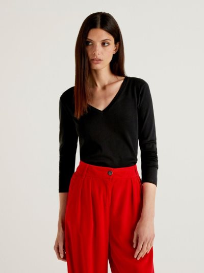 Women's Benetton Long Sleeve V-neck T Shirts Black | NZ189234
