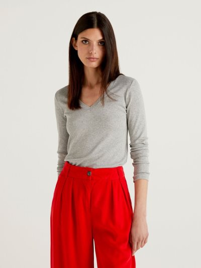 Women's Benetton Long Sleeve V-neck T Shirts Light Grey | NZ334826